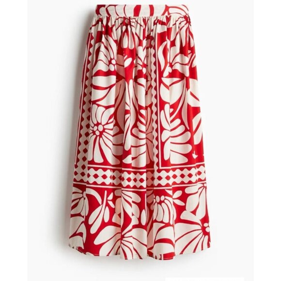 H & M Red White Floral 100% Cotton Midi Skirt 10 - Picture 1 of 2